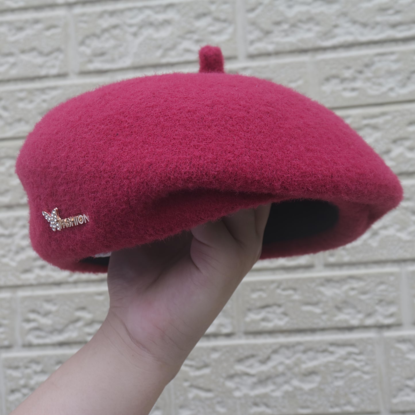 1pc Women's Rich Red Wool Beret Hat with Rhinestone Butterfly & Letter Embellishments - 3D Structured Painter-Style Wedding & Special Occasion Accessory, Breathable Non-Stretch Fit, Stylish Letter Motif, Decorative Elements