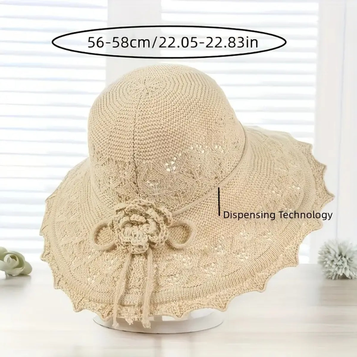 MONYPLAY Women's Summer Crochet Straw-Style Acrylic Sun Hat - Wide Brim Lightweight Floppy Beach Hat with Floral Embellishments, Machine Washable for Outdoor, Garden & Picnic