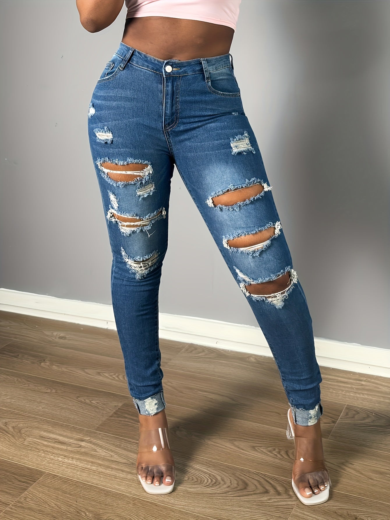 Stylish Slim-Fit Ripped Hem Skinny Jeans - Plicated Pattern, Distressed Wash, Slant Pocket, Stretchy Denim, Soft Fabric, Women's Fashion Denim Pants & Clothing For Casual Wear
