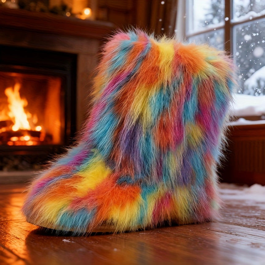 Women's Comfortable Winter Knee-High Boots - Soft Pink Faux Fur Lining, Suitable for Cold Weather, Winter Footwear | Furry Winter Boots | Comfortable Fabric Boots, Winter Shoes, Home Shoes, Slippers, Faux Fur Boots, Women's B