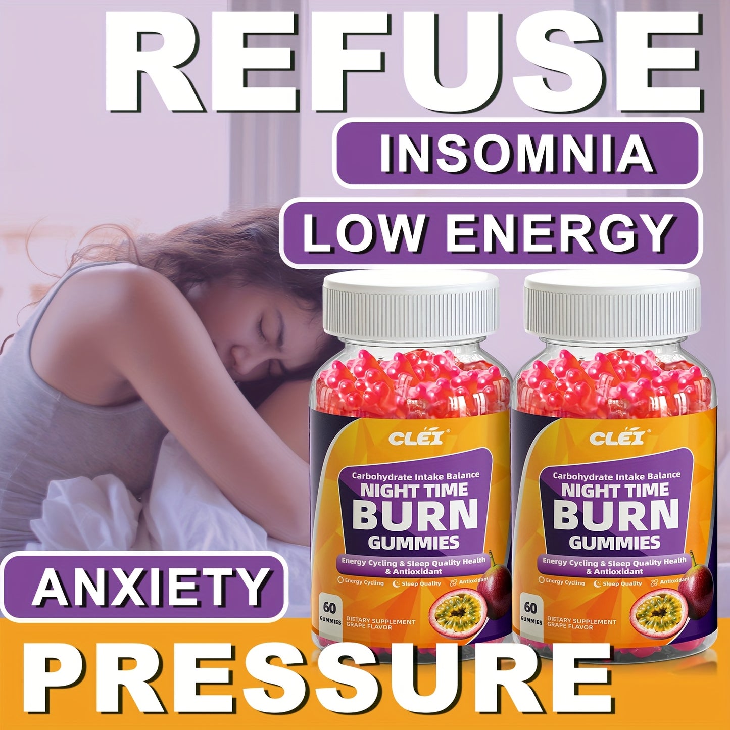 CLEI-NIGHT TIMEBURN Antioxidant Gummies with White Kidney Bean Extract, Green Coffee Bean Extract, Lemon Balm, Melatonin & Passionflower - 60 Gummies for Sleep Aid, Mood Support & Nighttime Digestion, Gentle Nighttime Formula