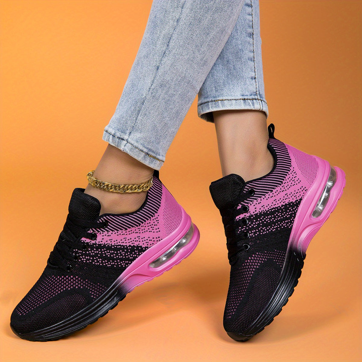 Women's Breathable Mesh Athletic Sneakers - Black & Pink Gradient Design, Air-Cushioned Comfort Sole, All-Season Stability Support, Soft PU Outsole, Fabric Lining, Round Toe Style, Allseason Sneakers | Vibrant Gradient Design