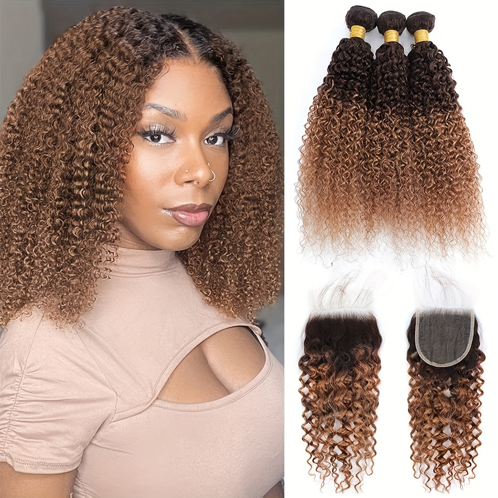 3 Bundles Brazilian Virgin 100% Unprocessed Human Hair Extensions - 4x4 Lace Closure, Ombre Color (T4/30 Medium Brown/Reddish Brown), Curly Wave Texture for Women, All Ethnicities, Natural Look & Versatile Styling, Realistic