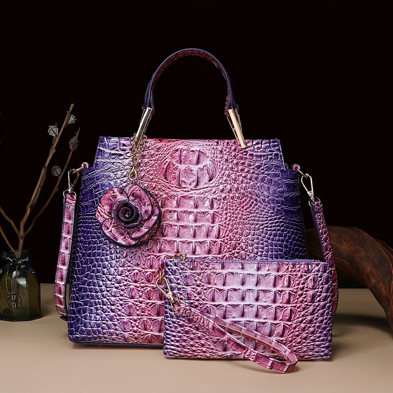 2pcs Crocodile Print Handbag Set - Fashionable Vintage Style, Multi-Functional Top Handle Crossbody, Business Clutch & Coin Purse - Spacious, Secure, Ideal for Everyday Chic