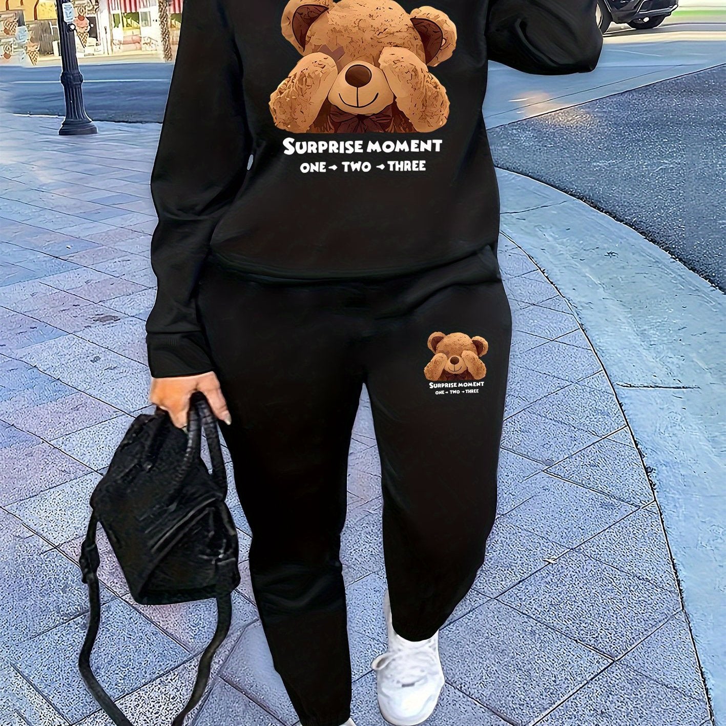 Bear Print Two Piece Set, Crew Neck Sweatshirt & Pants, Women's Clothing