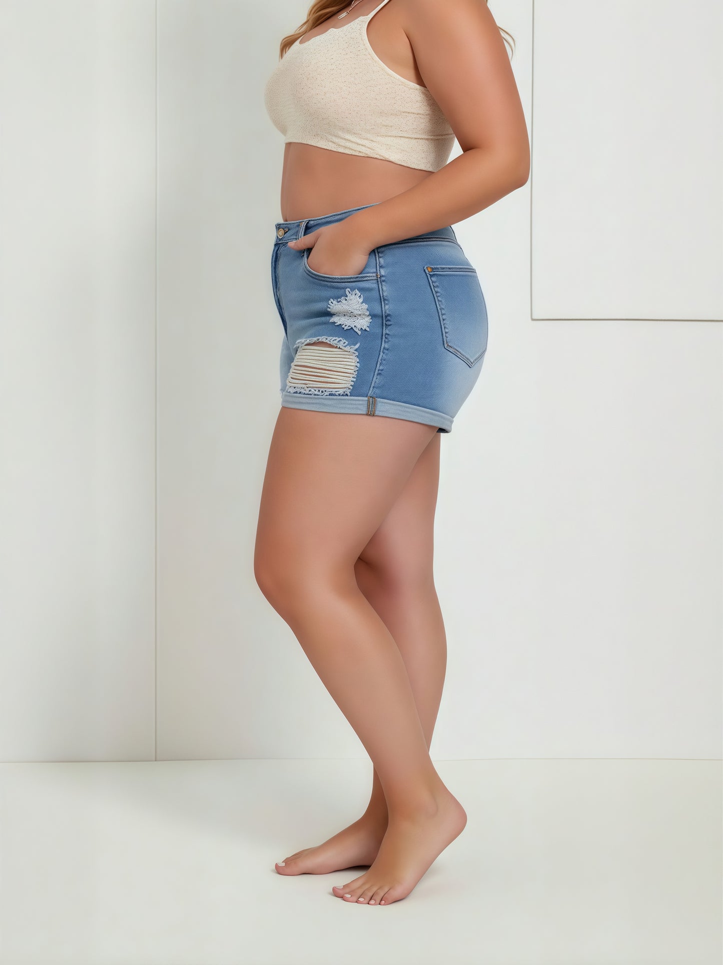 Women'S Large Size High Waist High Stretch Tight Denim Shorts | Multi-hole, Blue Classic, Plus Size 0XL-4XL, Button Fly Closure, Sexy Style, Spring/Summer Season, Ripped Details, WBLTRVE Brand