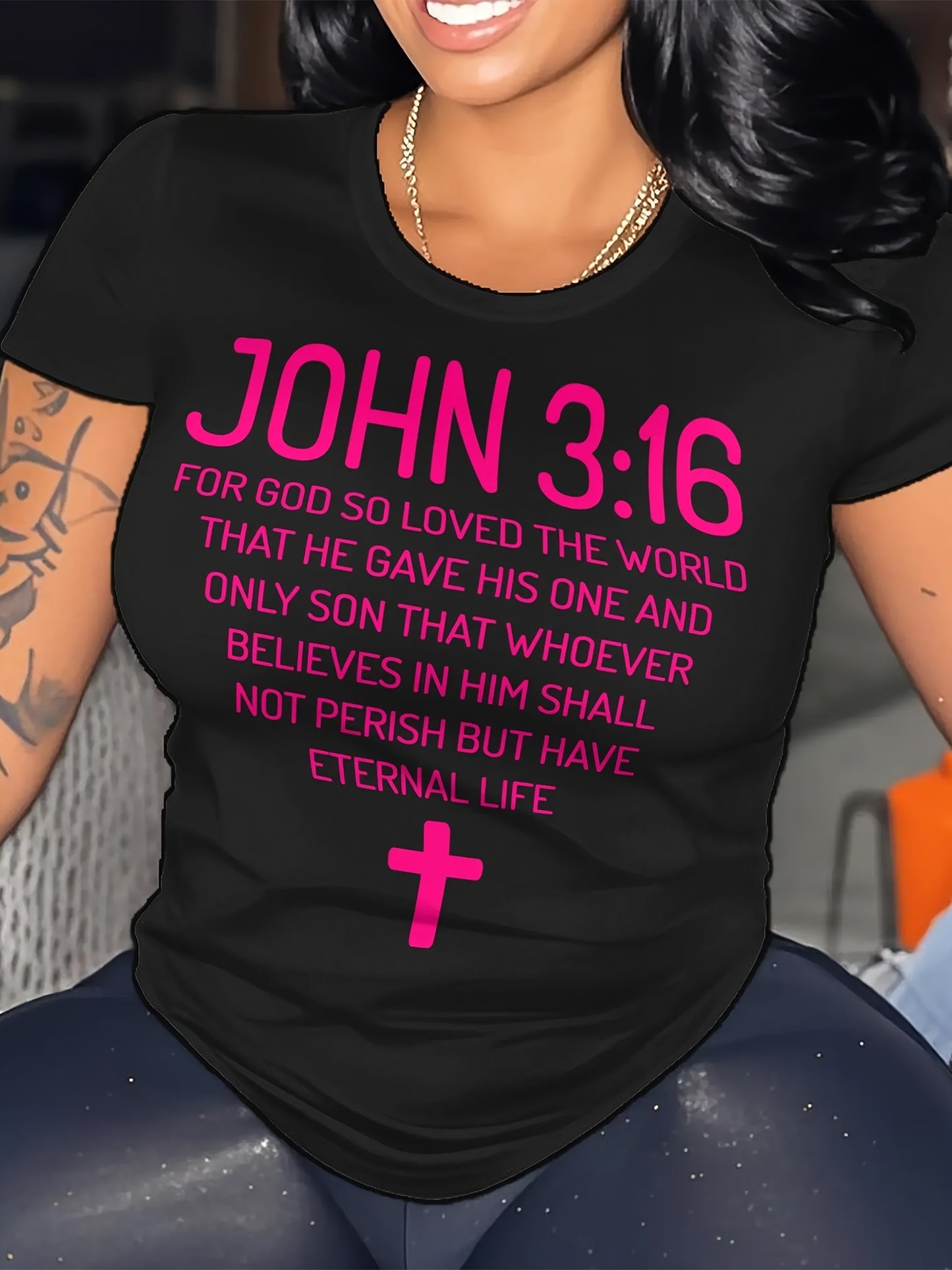 Plus Size - Plus Size Women'S "John 3 16 Bible Verse Scripture Christians" Print Summer T-Shirt | Soft Breathable Fabric | Casual Short Sleeve Round Neck Tee | Summer Vacation Clothing | Size 0XL-5XL - Coral - Black - Rose Re