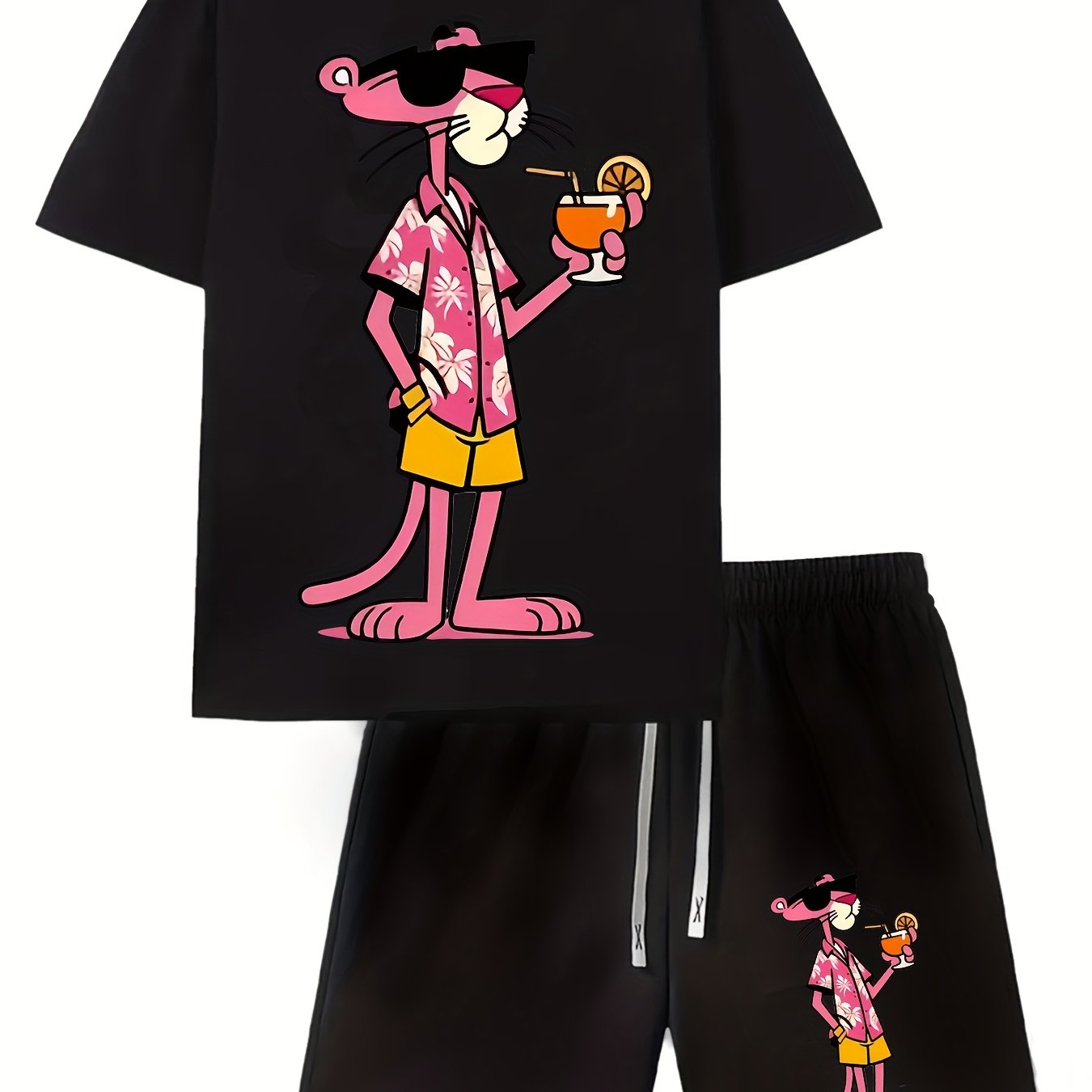 A Casual Sports Set Consisting of a Short-Sleeve T-Shirt Featuring a Stylish Pink Panther Cartoon Print And Fitted Shorts, Perfect for Spring And Summer Outfits.