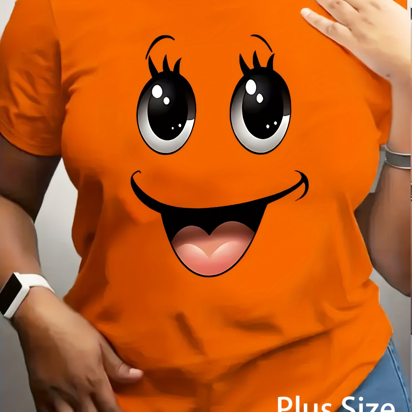 Plus Size Women'S T-shirts Big Eyes joyful Face Print Short Sleeve Crew Neck Casual Top For Spring & Summer Women'S Clothing Black/Pink/Orange T-Shirt Lady Summer Party Daily Wear Tee