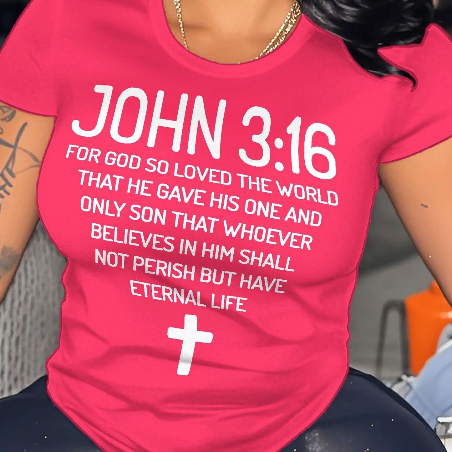 Plus Size - Plus Size Women'S "John 3 16 Bible Verse Scripture Christians" Print Summer T-Shirt | Soft Breathable Fabric | Casual Short Sleeve Round Neck Tee | Summer Vacation Clothing | Size 0XL-5XL - Coral - Black - Rose Re