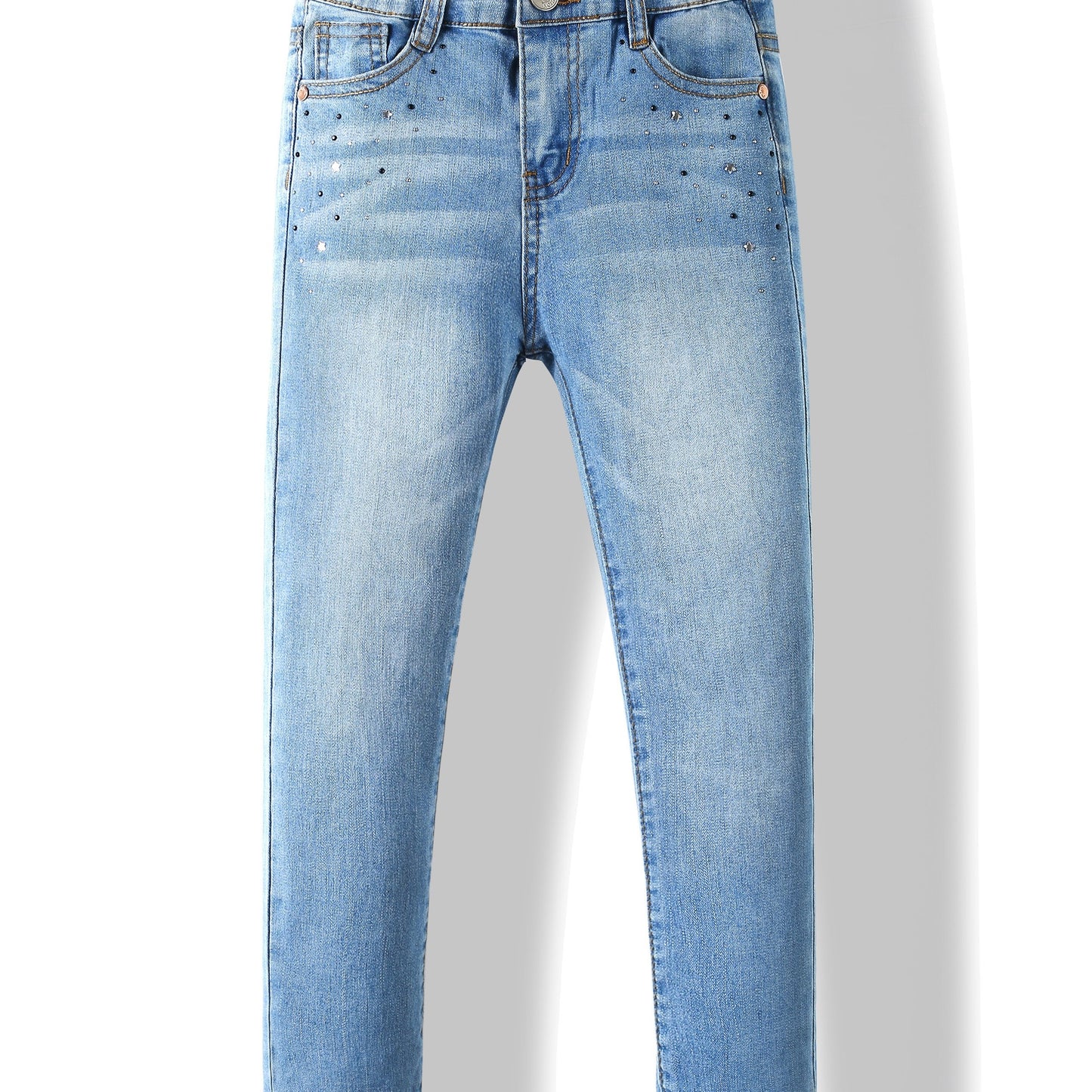 Girls' Rhinestone Embellished Stretch Denim Jeans - Cute & Comfortable Regular Fit with Elastic Waistband, All-Season Casual Wear for Kids, Cute Jeans, Kids Fashion, Comfortable Kids Wear