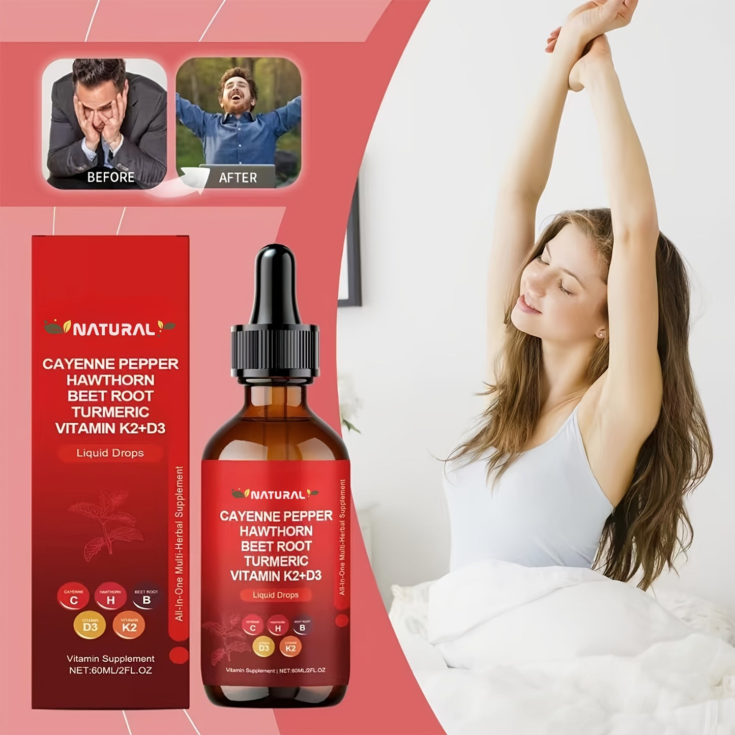 Vitamin K2 D3 Cayenne Pepper Liquid Drops, Beet Root, Turmeric, Ginseng, Ceylon Cinnamon, Daily Wellness Supplement, Allergy Friendly, 2.03oz,Mother's Day gift to mother