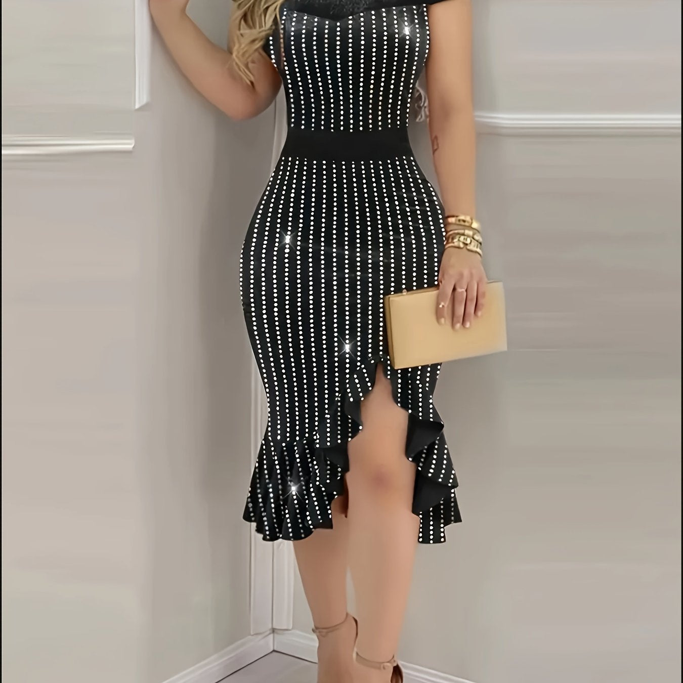 Plus Size - Elegant Plus-Size Sequin Dress for Women - Off the Shoulder, Ruffle Hem, Stretchy Polyester, Black Polka Dot Design, Perfect for Vacation & All-Season Wear, Elegant Event Attire | Offshoulder Dress | Polka Dot Pat