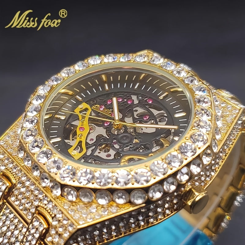 MISS FOX Men'S Luxury Golden Rhinestone Wrist Watch - Hip-Hop Ice Automatic Mechanical Movement, Round Analog Display with Glitter Embellishments, Zinc Alloy Band, Fashionable Large Dial Timepiece for Parties & Formal Events,