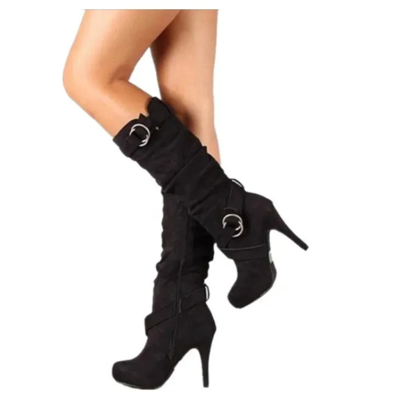 2025 Sexy Knee High Women Boots Thin High Heel Round Toe Platform Fashion Ladies Boots Lady Shoes- Slip-On Platform High Heels, Thin Stable Heels for Stability, PU Synthetic Cover Upper & Non-Slip Rubber Sole - Formal/Casual