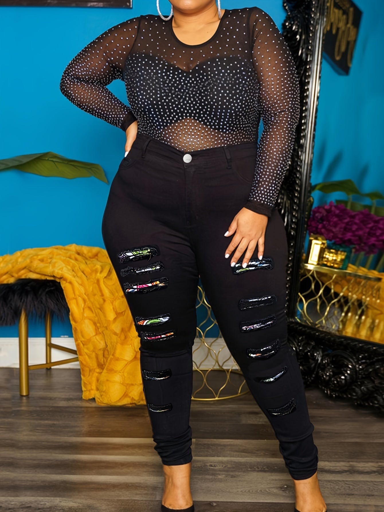 Women's Plus Size Casual Skinny Printed Patchwork Ripped Denim Jeans With Stretch, Full Length Pencil Pants, Fashion Printed Trousers
