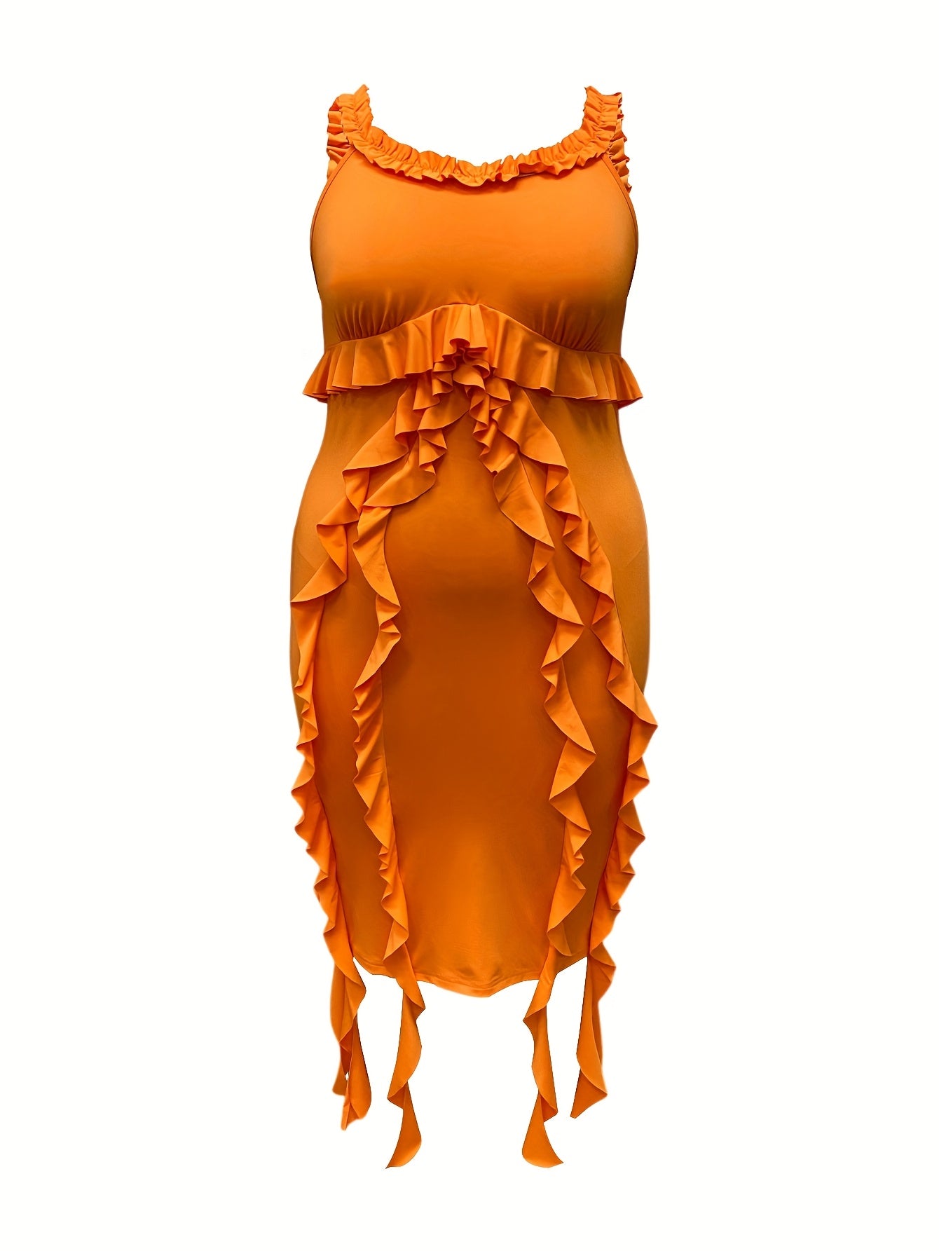 Women's Sleeveless Backless Bodycon Mermaid Dress with Ruffled Hem & Thin Straps - Vibrant Orange Solid Color, Machine Washable, All-Season Party Vacation Evening Dress