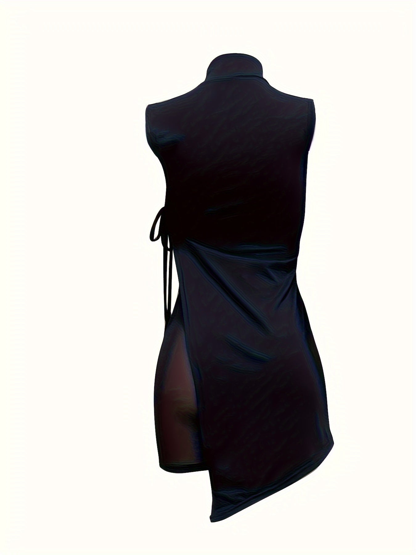 OL6107 - New Women'S Asymmetric High-Waist Mesh Shorts Set with Black Turtleneck Top, Stylish Vacation Attire, Polyester Blend, High Neck, Mesh Detail, Vacation Attire|Asymmetric Top|Polyester Blend