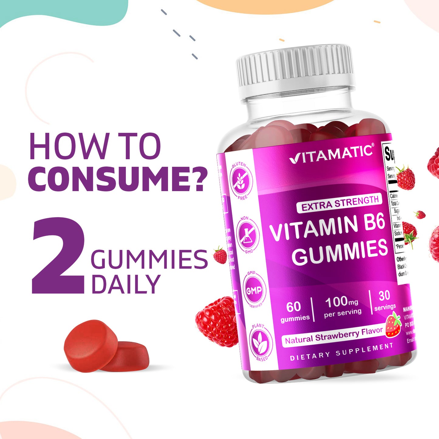 Vitamatic Vitamin B6 100mg - Berry Flavor - 60 Pectin Based Gummies - Supports Nervous System