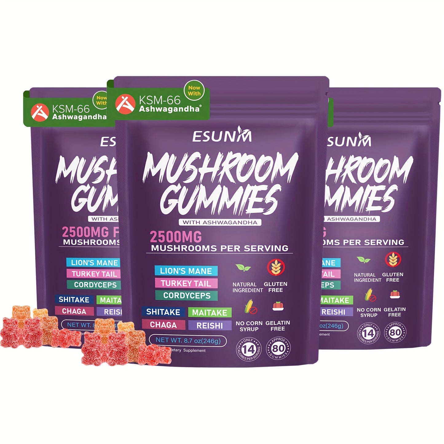 1/2/3/4 Bags of Lion's Mane Mushroom Gummies, Ashwagandha Gummies - Contains Ganoderma, Cordyceps, Turkey Tail, Dancer's Mushroom, Shiitake and Bupleurum, Low Carb, 80 Gummies per Bag, ESUNM