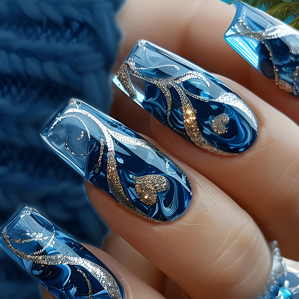 24pcs Ballet Shape False Nails - French Blue with Golden Stripes & Heart Designs, Medium Length Glossy Press-On Nails for Women & Girls, Elegant Glamour for Parties, Weddings, Daily Wear