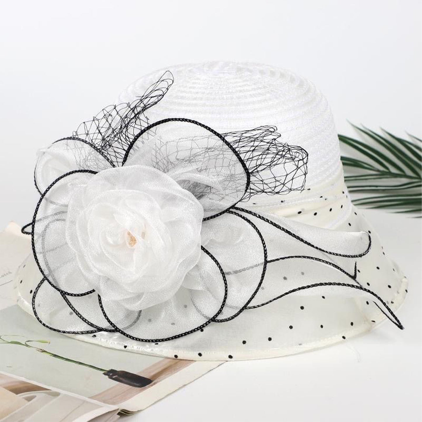 Women's Breathable Organza Sun Hat - Wide Brim Bucket Cap with 3D Floral Accents, Elegant Church & Party Hat for Outdoor Weddings, Garden Events, Machine Washable, Ladies Sun Hat, Delicate Openweave Fabric, Bridal Accessories