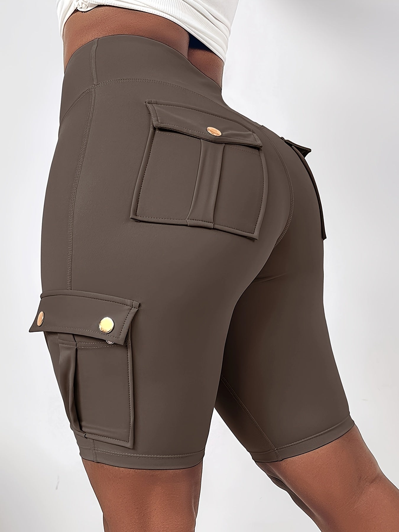 Women's High-Waisted Tummy Control Butt-Lifting Shorts with Flap Pockets - Breathable Summer & Casual Bermuda Cargo Shorts, Machine Washable Solid Black, High Waisted Shorts