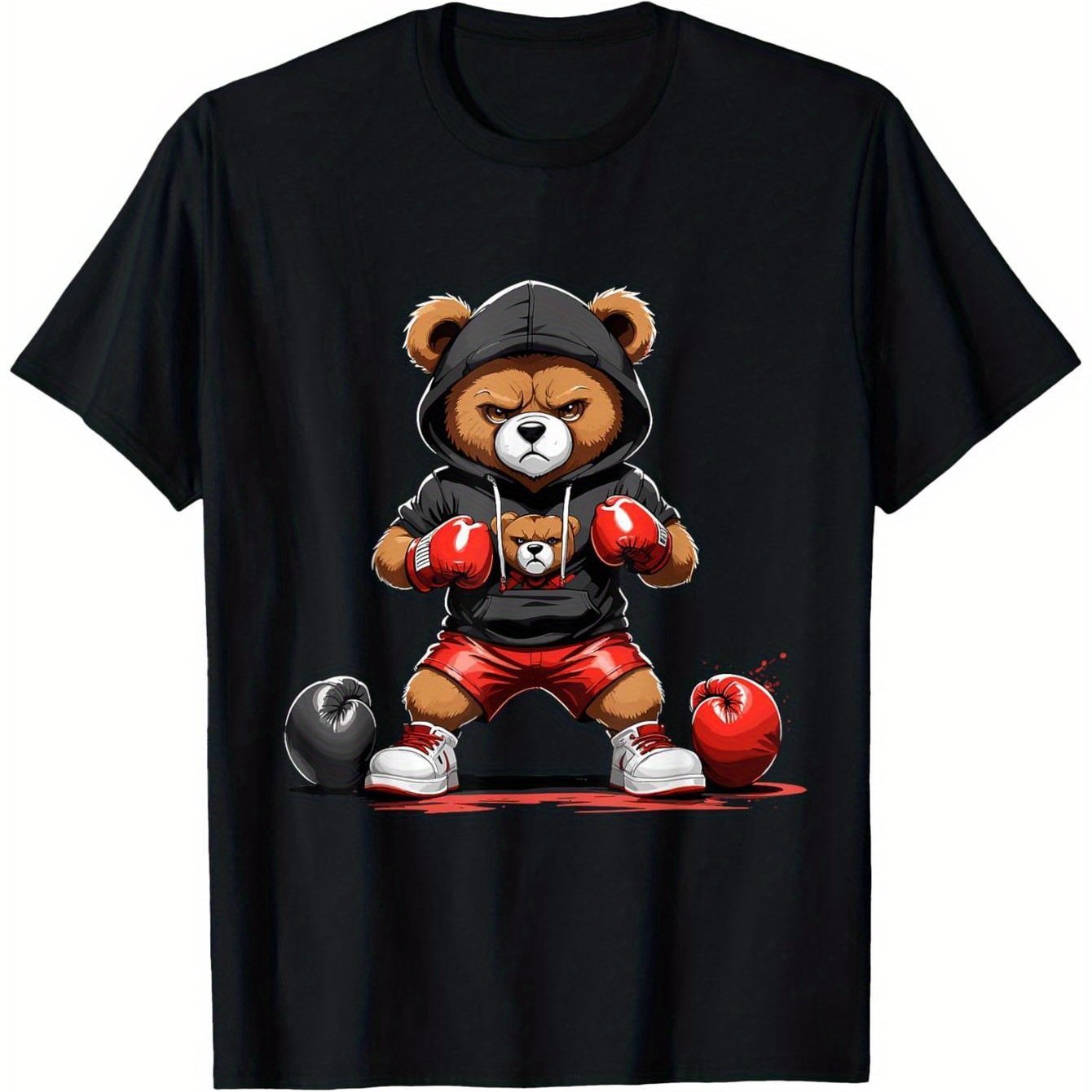 Men's Cotton Graphic T-Shirt - Black Bear Boxing Hip Hop Street Style, Casual Short Sleeve Crew Neck Tee for Gym, Sports & Casual Outings, Machine Washable Regular Fit, Gym Apparel, Playful Design, Comfortable Fit, Workout Cl