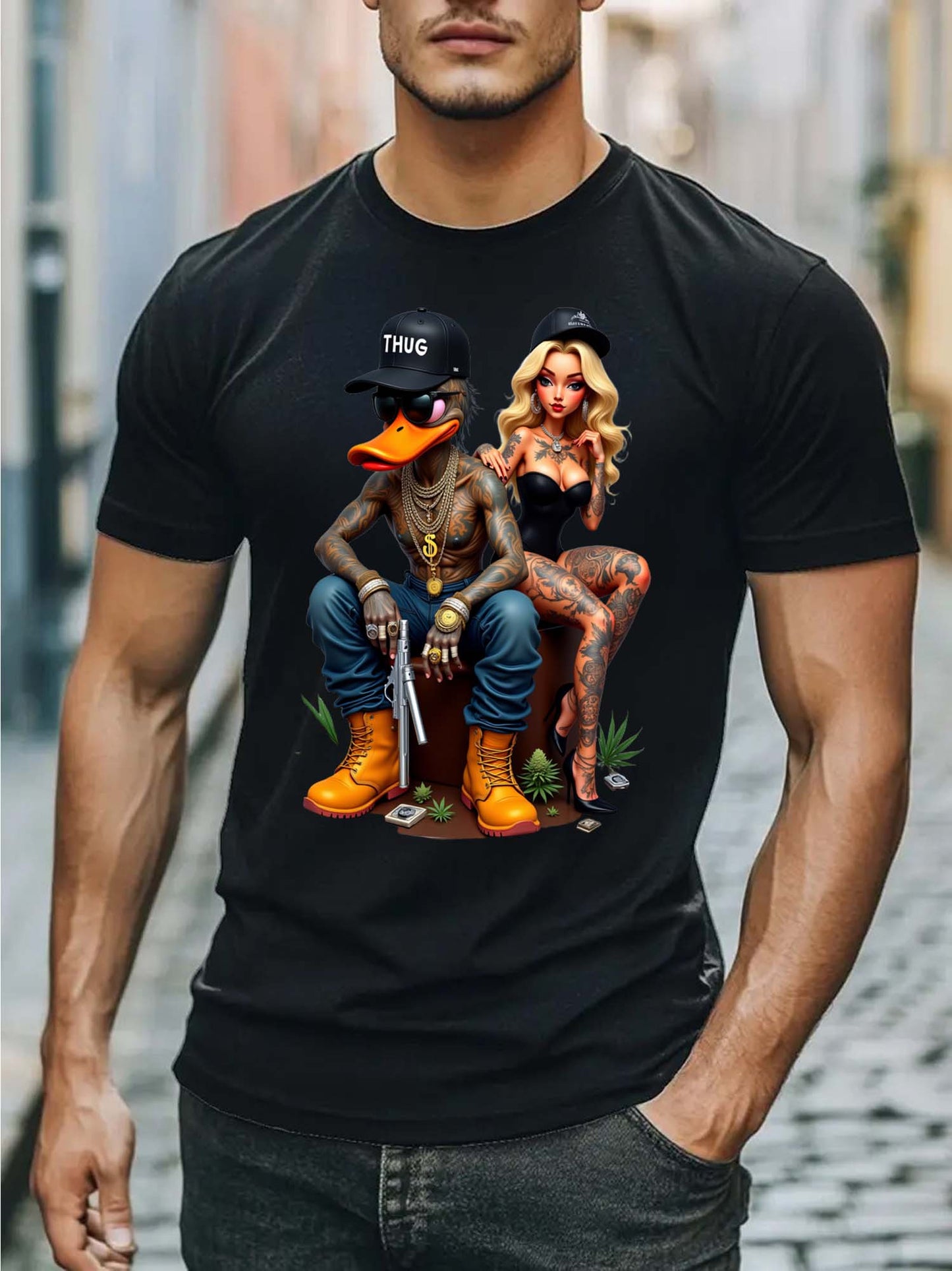 Duck and Lady Graphic T-Shirt - Unisex 100% Cotton Streetwear Tee with Duck & Lady Design, Golden Chains & Tattoos, Regular Fit Short Sleeve Round Neck Casual Shirt for Men & Women