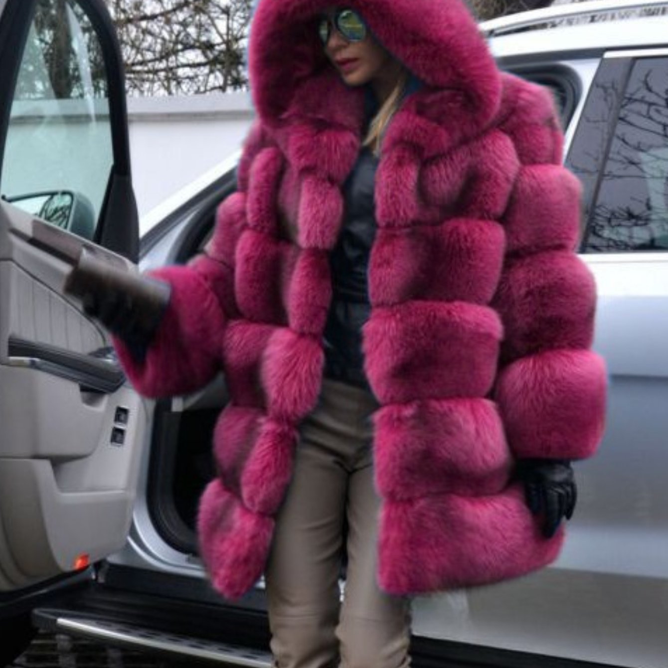 Plus Size, HERTALK Women's Plus Size Pink Faux Fox Fur Coat - Hooded Winter Jacket with Collar, H-Line Silhouette & Full-Length Hem Slit - Luxurious Imitation Fur Outerwear (Pink/) - Machine Washable