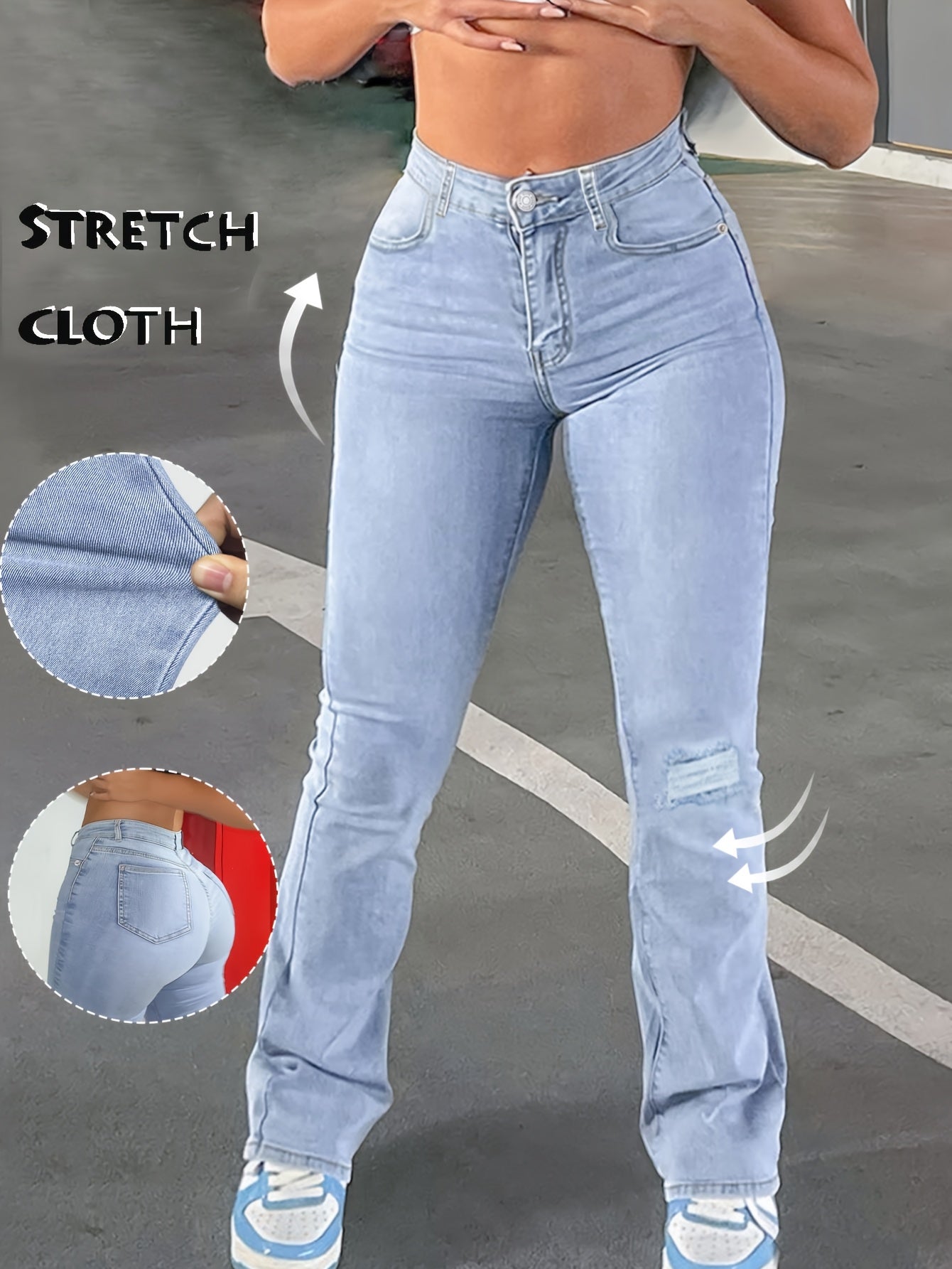 Bootcut Women Jeans High Blue Waist Elasticity Slim Fit Wash with Holes Casual Versatile