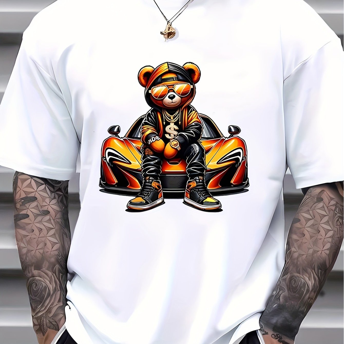 Men's clothing 100% pure cotton 220g-Men's Summer Casual T-Shirt with Cool Bear Print - Soft Polyester & Spandex Blend, Crew Neck, Short Sleeve, Machine Washable