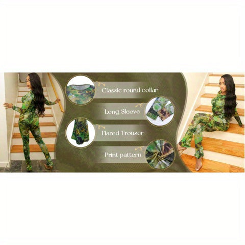 Women Two Piece Set Floral Print See-Through Mesh Long Sleeve Round Neck Top and Pants Set Long Sleeve Round Neck Cropped Top and High Waist Flared Pants Set Y2K Style Suitable for Leisure, Party, Festival
