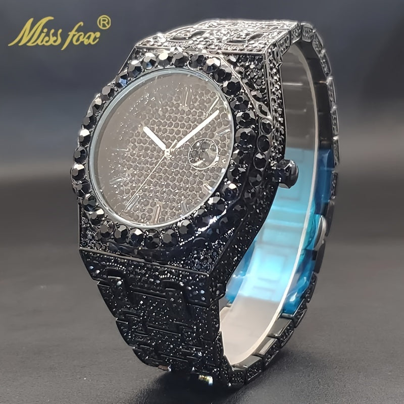 Hip Hop Ice Rhinestone Watch Men'S Fashion Date Quartz Large Dial Night Light Watch Luxury Stainless Steel Party Jewelry Men'S Watch