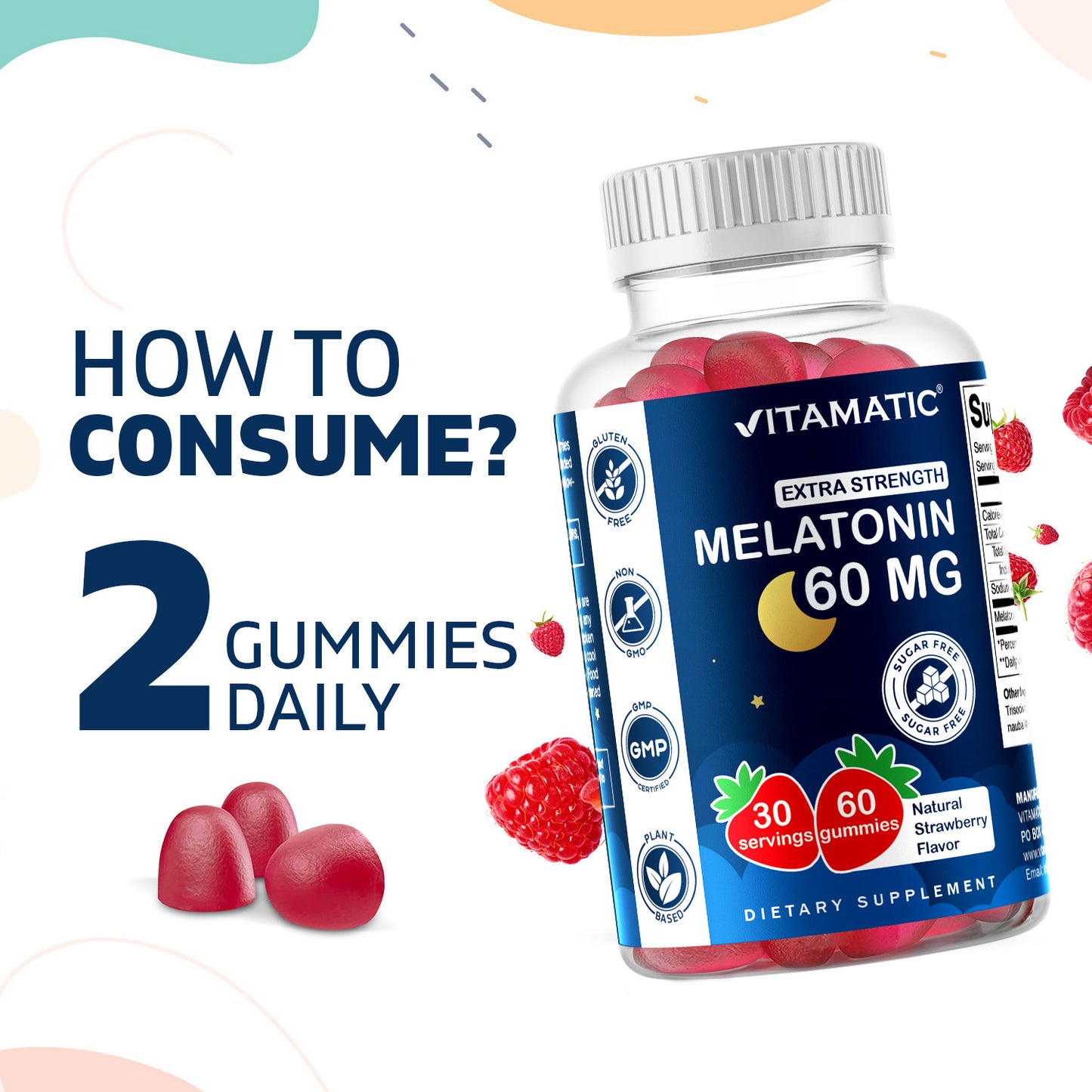 Vitamatic Sugar Free Melatonin 60mg - 60 Vegetarian Gummies - Non-Habit Forming Supplement