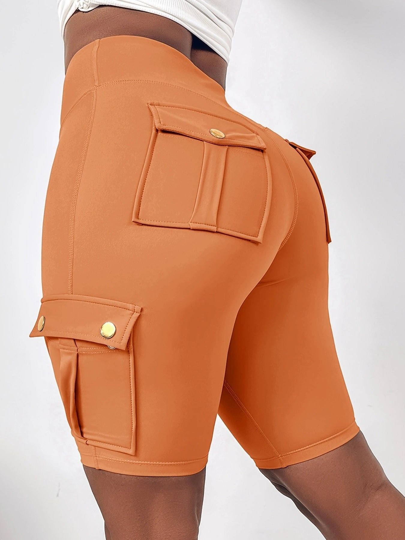 Women's High-Waisted Tummy Control Butt-Lifting Shorts with Flap Pockets - Breathable Summer & Casual Bermuda Cargo Shorts, Machine Washable Solid Black, High Waisted Shorts