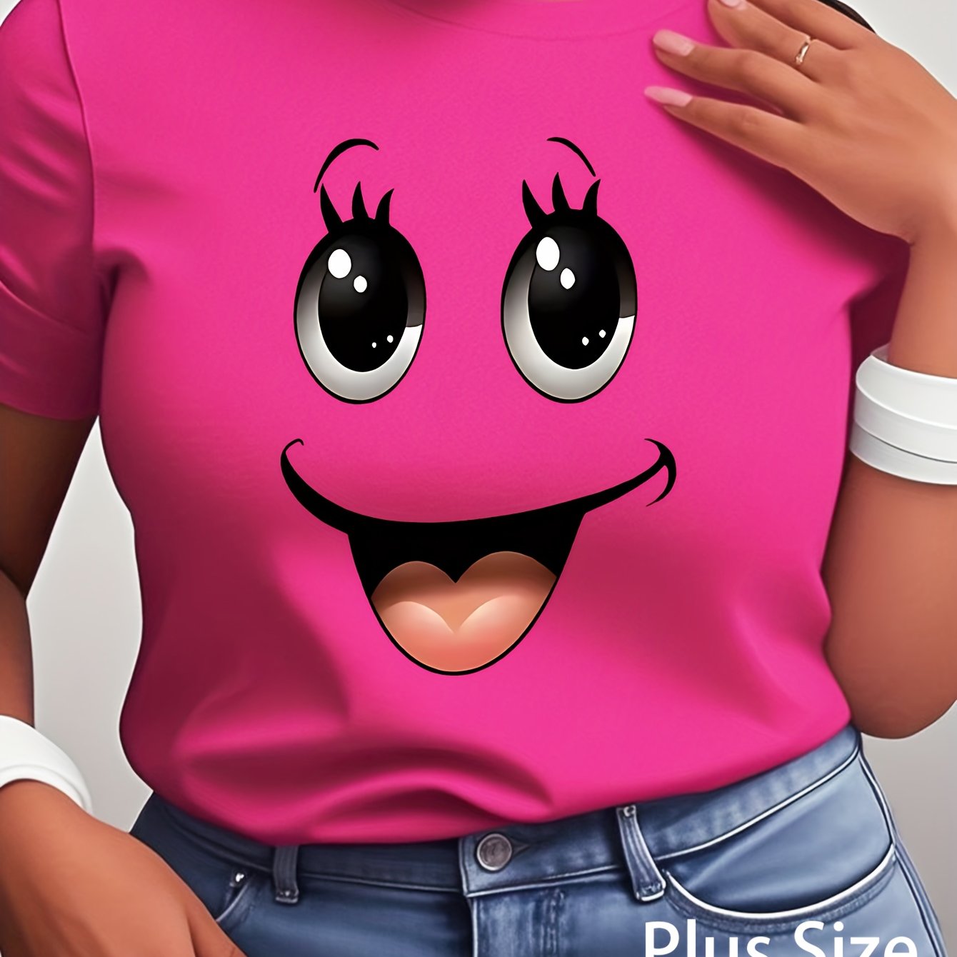 Plus Size Women'S T-shirts Big Eyes joyful Face Print Short Sleeve Crew Neck Casual Top For Spring & Summer Women'S Clothing Black/Pink/Orange T-Shirt Lady Summer Party Daily Wear Tee