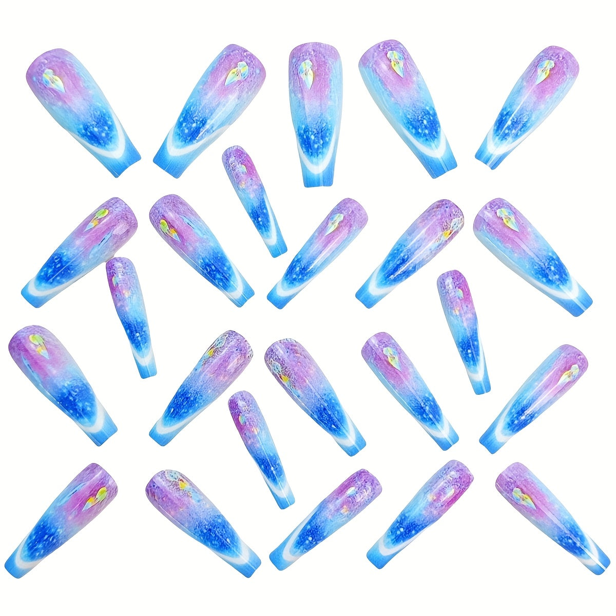 Medium-Long Ballet-Shaped Blue Striped Ombre Fake Nails - Glossy Detachable Press-On Nails with Neon Tips for Parties, Events & Special Occasions, Nails Accessories, Event Manicure, Durable Pressons, Fashion Lovers