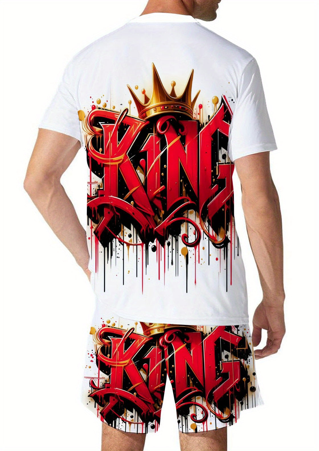 3D Crown KING Letters Pattern Full-body Printed Men'S Short-sleeved T-shirt +shorts Set Casual Summer Men'S Fashion 2pcs Sportswear Athletic Wear Men Round Neck and Short Sleeves Outfits Suits Regular Choice for Daily Fitness