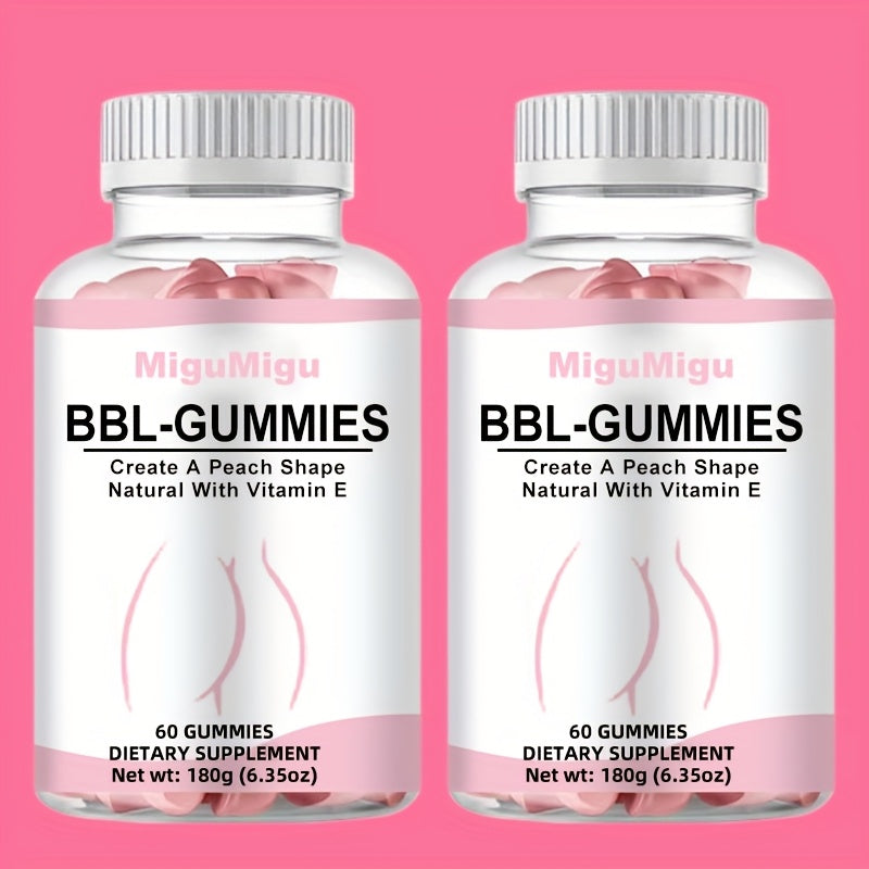 60pcs MIGUIGI BBL-GUMMIES Peach-Shaped Vitamin E Supplement Gummies for Women - Firming & Lifting, Fuller, Smoother Buttocks, Multi-Vitamin Enriched, BPA-Free, Delicious 30-Day Supply, Curve Enhancement|Peachshaped Gummies|Ta