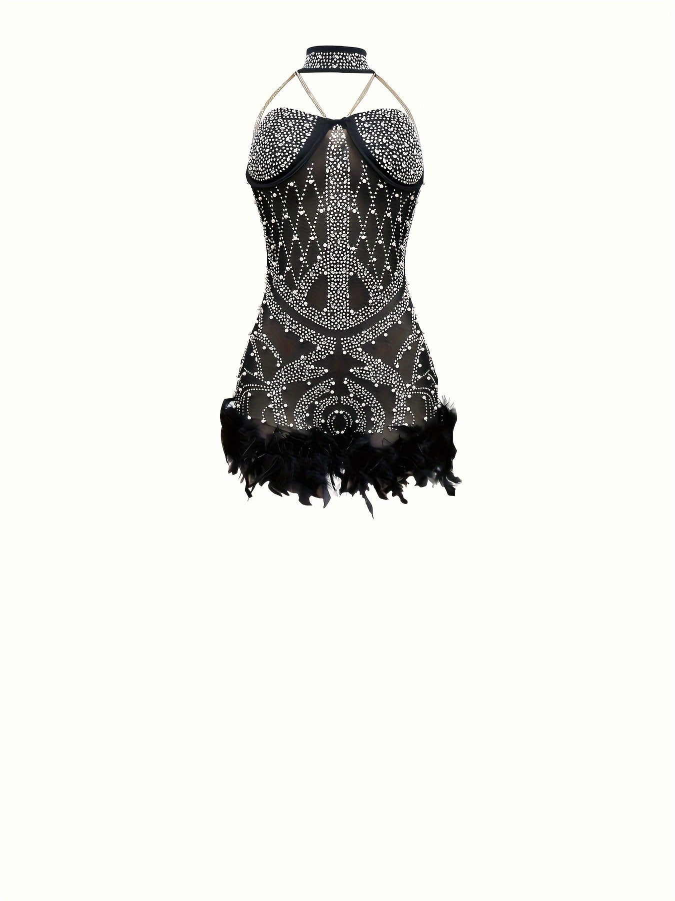 Rhinestone Choker Neck Romper Jumpsuit - Sexy Backless Design, Feather Hem, Perfect for Spring and Summer, Women's Clothing