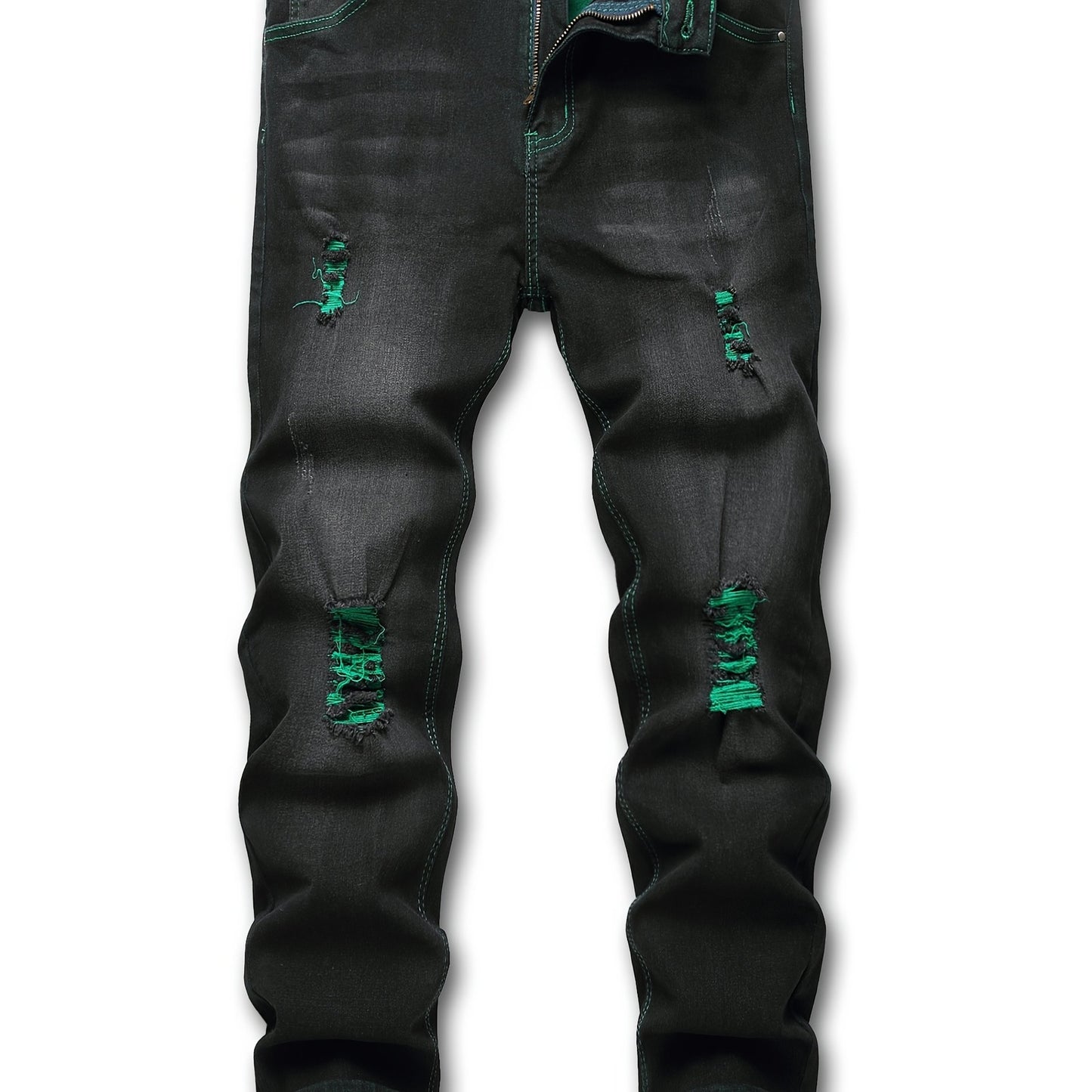 Men'S Casual Black Stretch Jeans with Unique Green Design - Ripped Knee Patches, Zipper Fly, Mid Waist, Straight Leg, All-Season Fashion, Casual Attire|Distressed Jeans|Stretchy Fabric