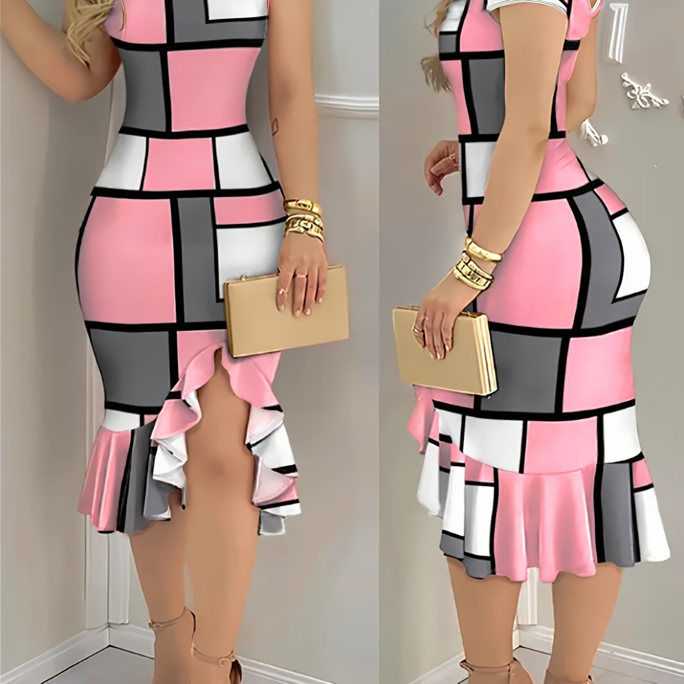 Chic Off-Shoulder Plaid Midi Dress for Women - & Black Geometric Print, Ruffled Hem, Sleeveless A-Line Dress for Spring/Summer, Perfect for Casual or Office Wear, Spring Summer Dress | Geometric Print Dress | Polyester Fabri