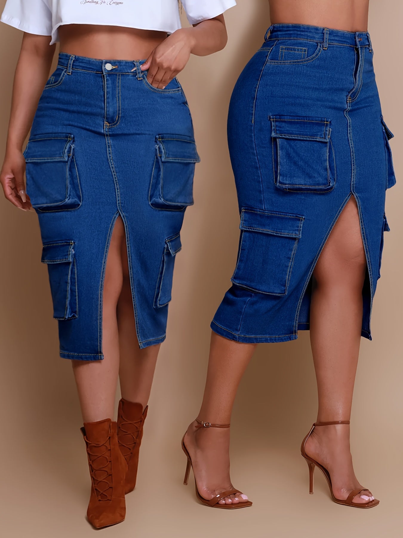 Plus Size Women'S Blue Denim Cargo Skirt - Multi-Pocket Bag Hip Design, Knee Slit Hem, Niche Joker Slimming Style, Summer Fashion Overskirt