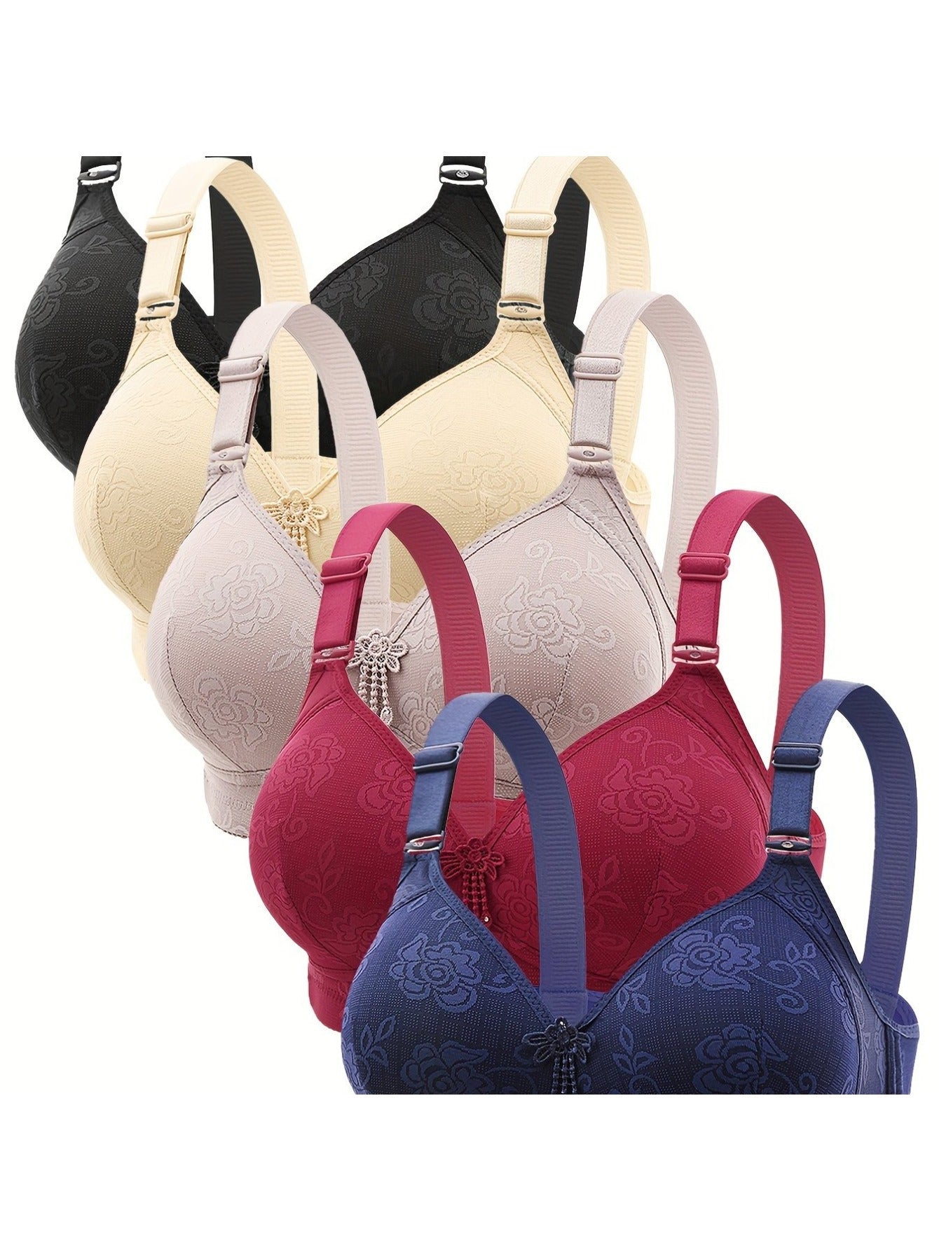 5-Pack Elegant Printed Wireless Bra with Adjustable Straps plaid Wire Free Support in Various Colors