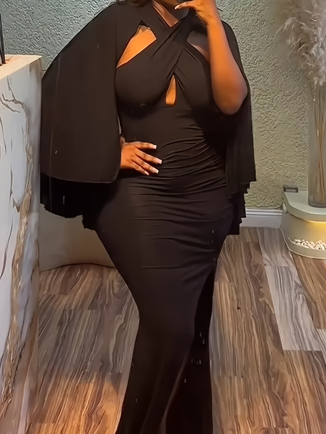 Plus Size, Women's Elegant Cross Neckline Bodycon Dress with Shawl Sleeves & High Slit - Stretchy Long Formal/Party Dress, Machine Washable Solid Black, Smooth Fabric for Year-Round Wear, Formal Attire, Evening Wear, Sleek Si