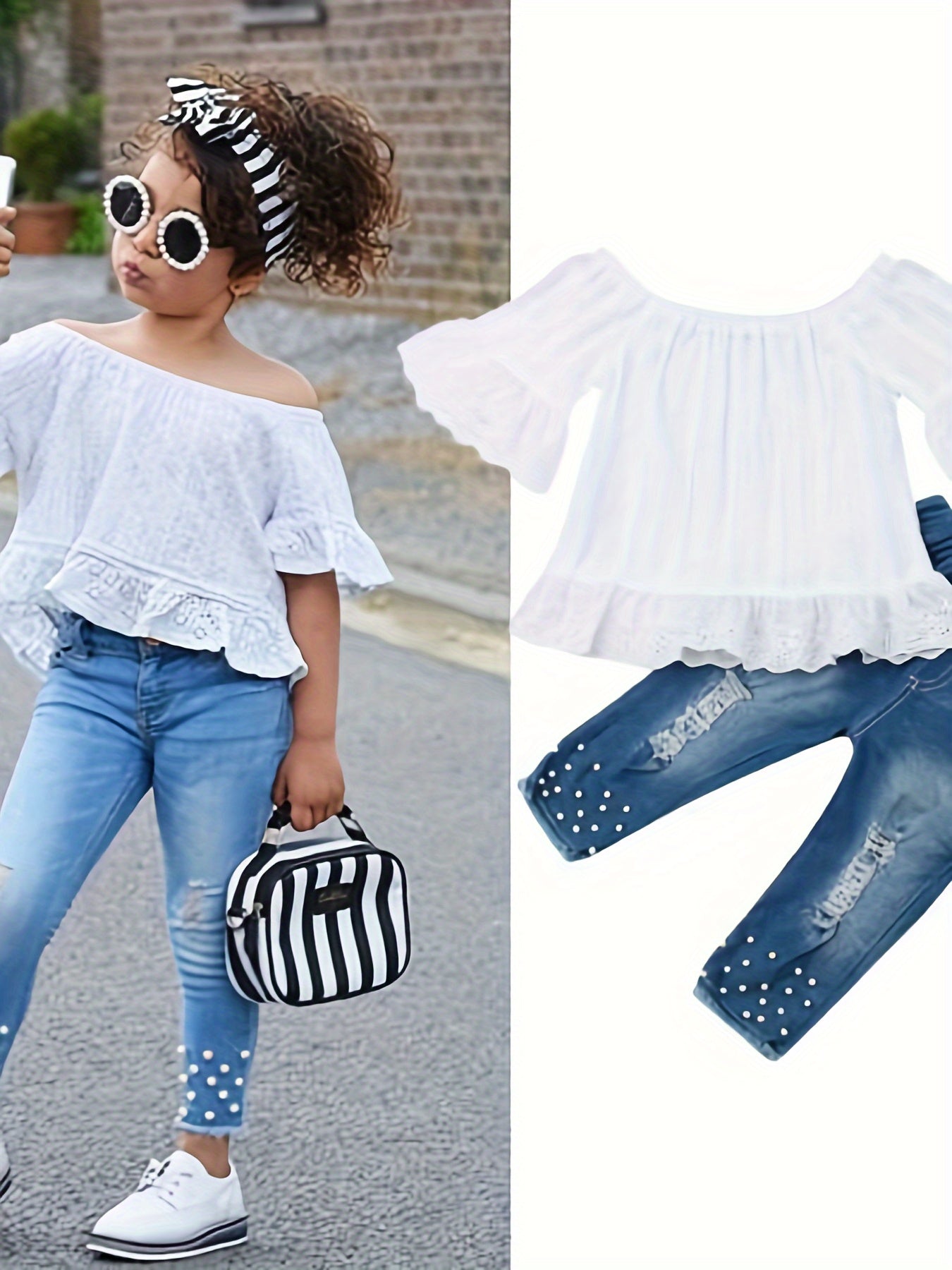 1-6 Years Toddler Girl Denim Pant Clothes Set 2pcs Off Shoulder Tops+Beading Denim Pants Baby Summer Outfits, for Outdoor