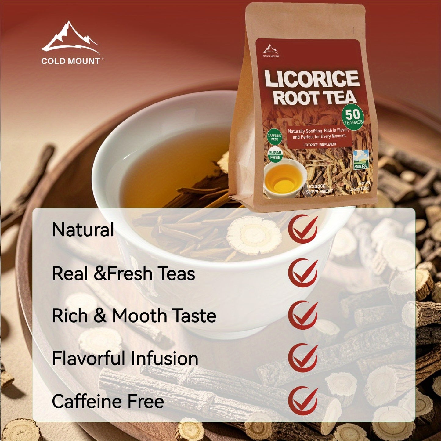 Licorice Root Tea, Sweet Flavor Herbal Tea Bags, Soothing & Tangy Flavor, Caffeine-free, Sugar Free, 50 Tea Bags, Ideal for Men & Women