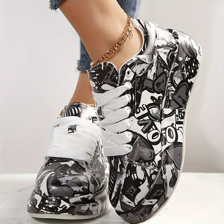 Women'S Breathable Low-Top Lace-Up Sneakers with Thick Rubber Sole- Monochrome Graphic Print Casual Shoes for Petite Women, All-Season Versatile Sneakers with Synthetic Cover Upper, Ladies Sneakers, Everyday Footwear, Modern
