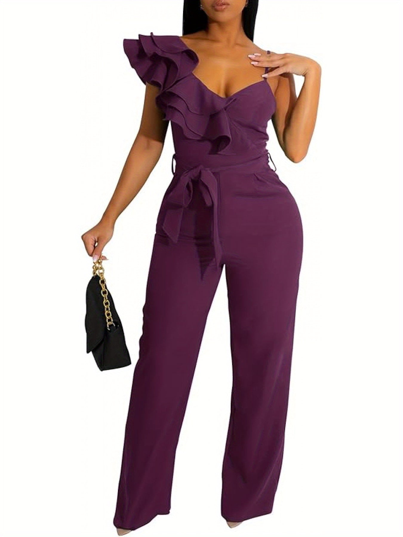 Women'S Casual Jumpsuit V Neck Sleeveless One Shoulder Ruffle Halter Backless Drawstring Wide Leg Pants Sexy Bodysuit Party Club Costume